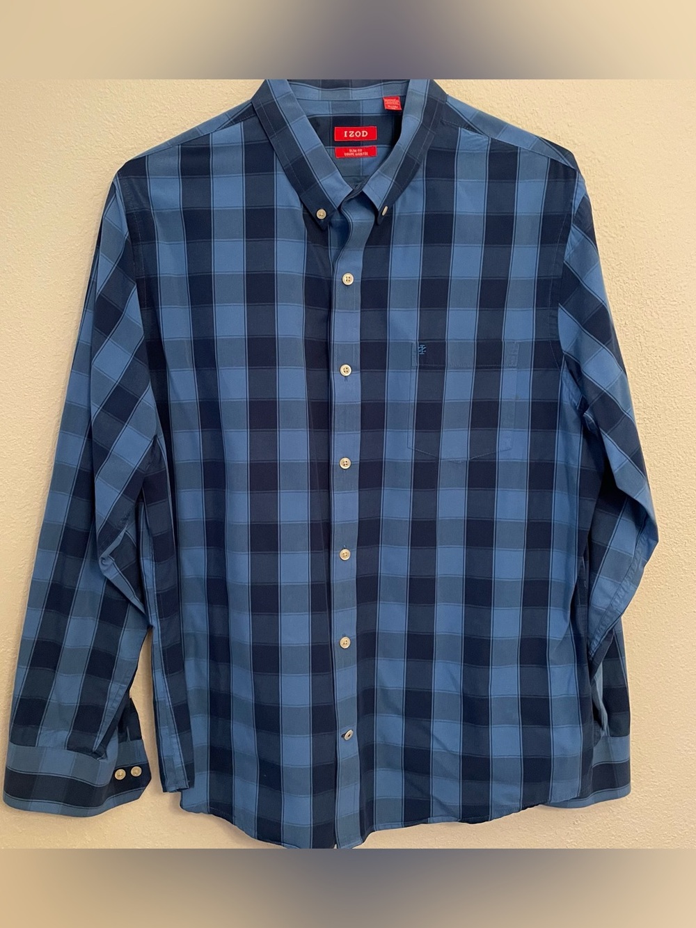Izod Men’s XL Slim Fit Button Down Shirt Tonal Blue‎ Plaid Cotton
